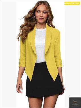 Lightweight Open Front Blazer Cardigan Ruched Sleeve Work Office Chic